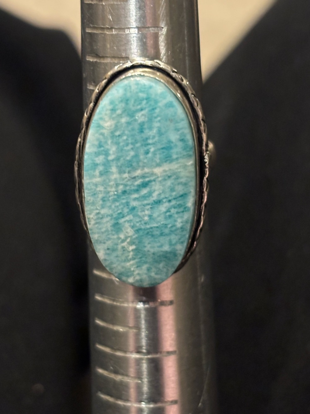 Bold Silver tone Amazonite Oval Statement Ring — Blue